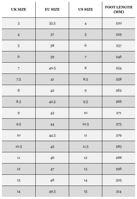 Men Shoe Size Chart