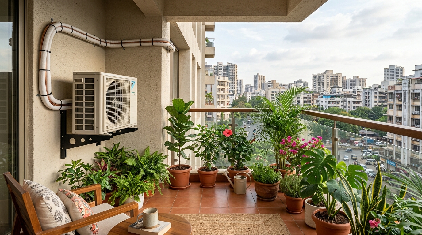 Outdoor air conditioner condensing unit mounted on heavy-duty brackets in a shaded, well-ventilated apartment balcony