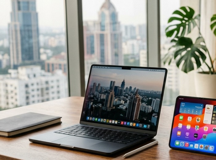 Apple Silicon MacBook workstation setup with slim bezels on modern wooden desk in Bengaluru office