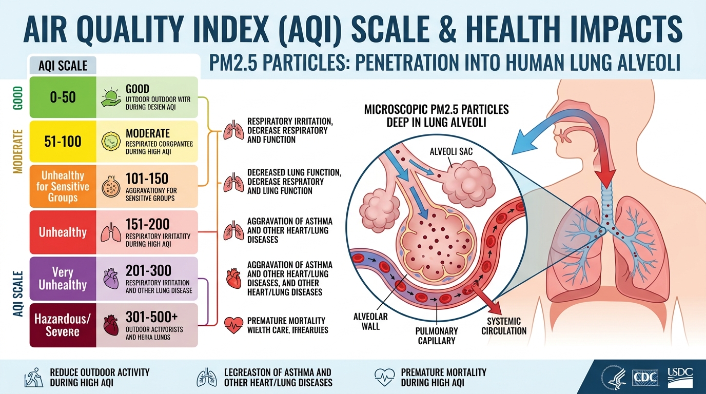 Air Quality Index AQI Scale and Human Lung Alveoli PM2.5 Health Impact
