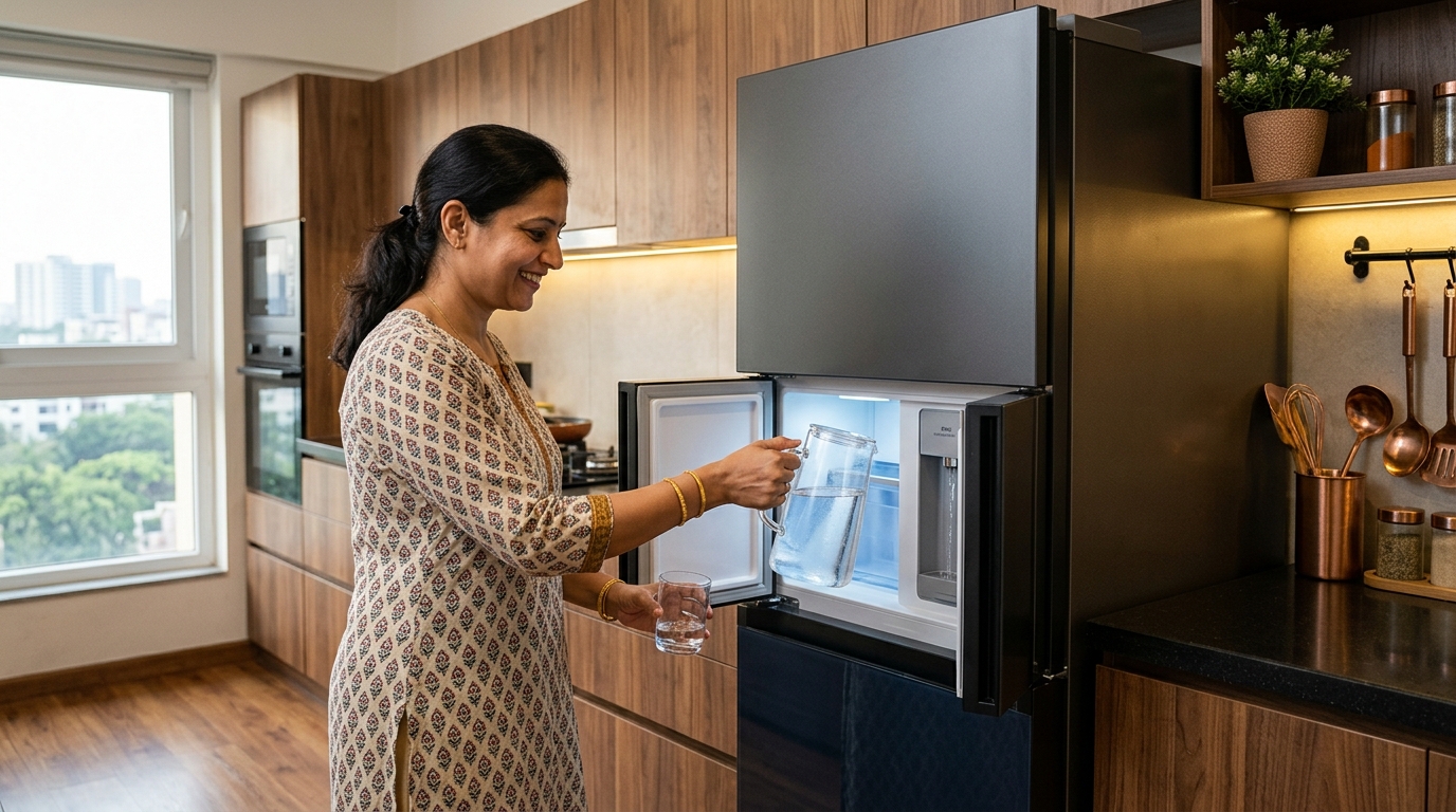 Concealed Beverage Center with AutoFill Water Pitcher inside a Samsung Bespoke AI refrigerator in an Indian apartment kitchen