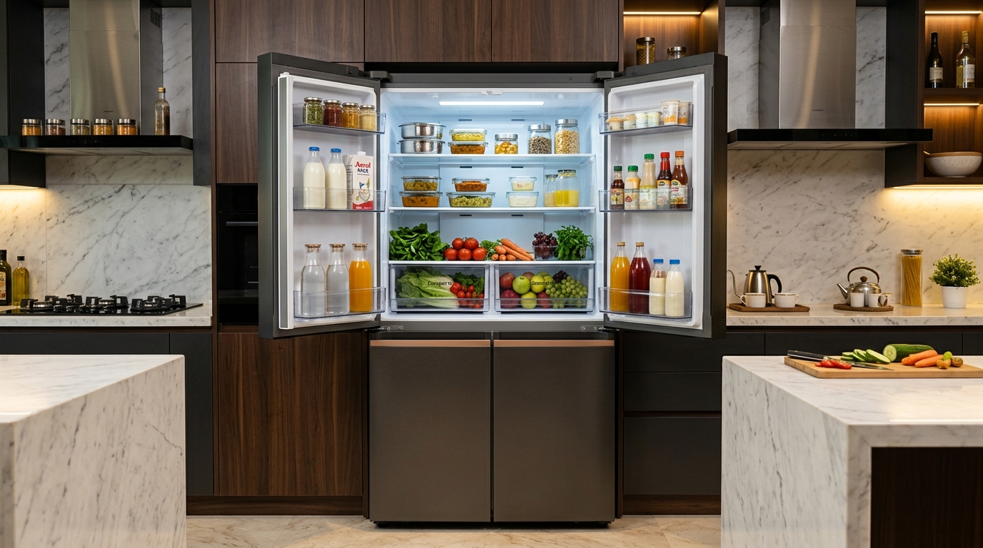 Interior storage organization of a Bespoke AI 4-door French Door refrigerator in a modern Indian kitchen