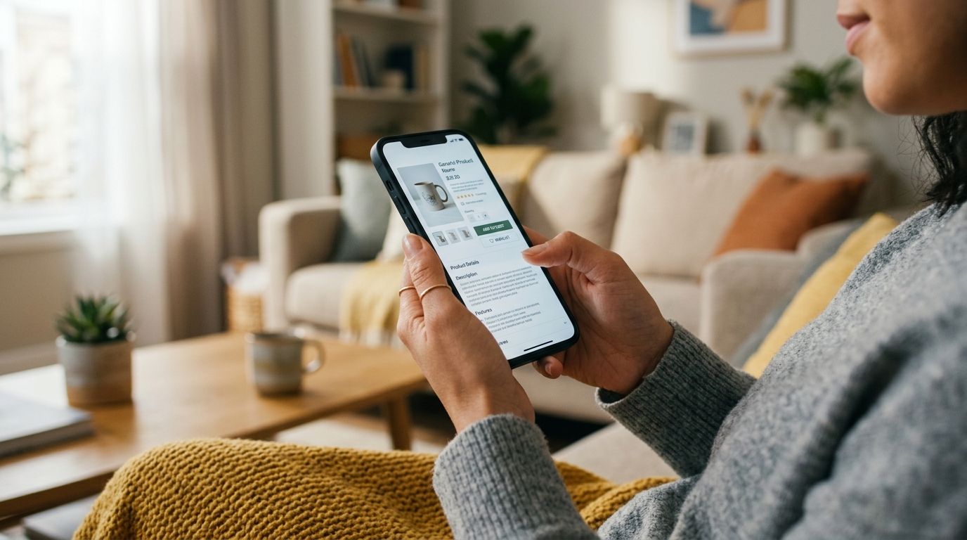 Shopper checking price history and discounts on smartphone screen in an Indian home living room