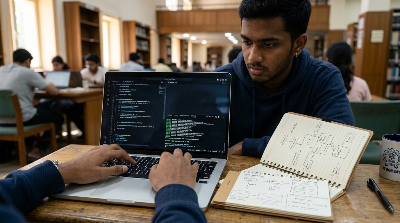 Indian computer science student coding in VS Code and terminal on a modern laptop in a university library