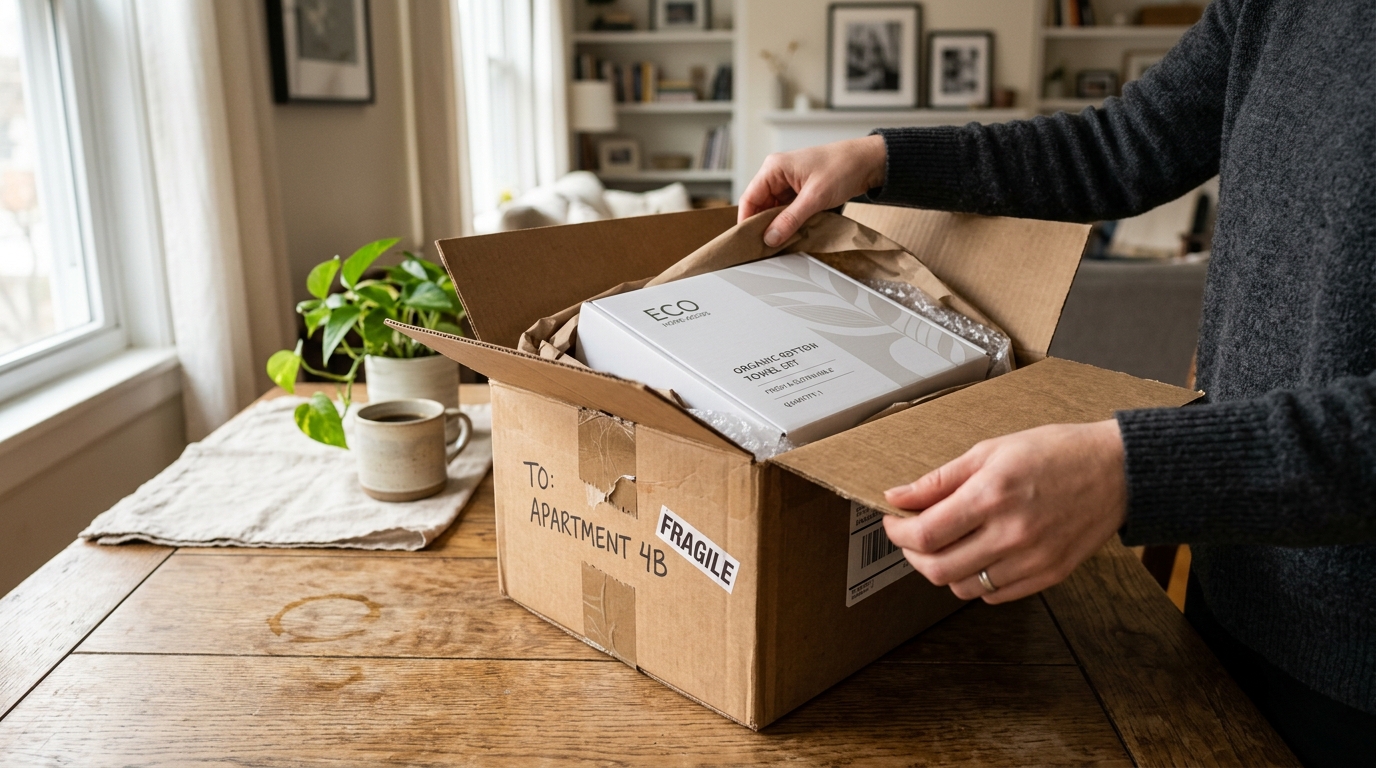 Careful package unboxing and retail inspection of online electronics order on a wooden table