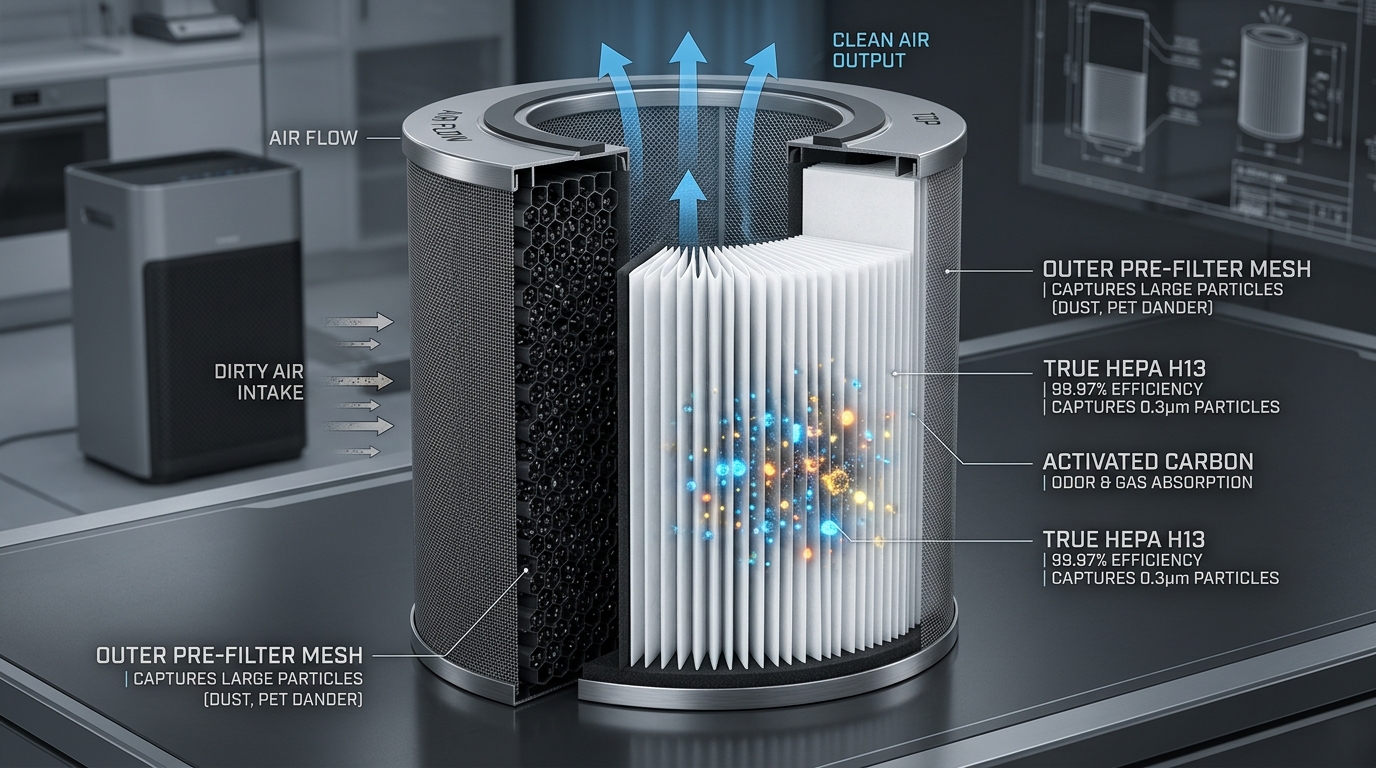 Multi-Stage Filter Layers: Pre-Filter, True HEPA H13, and Activated Carbon Pellets