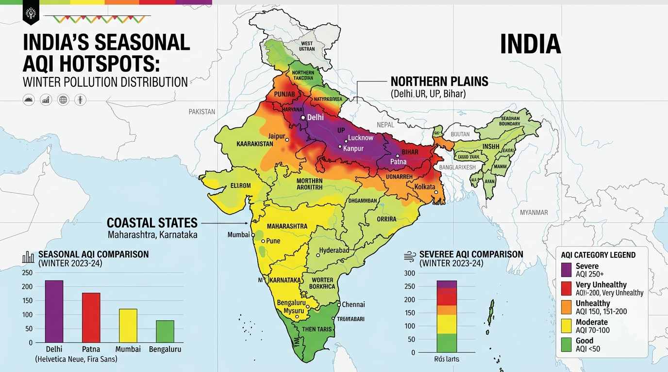India Seasonal AQI Hotspots and Winter Pollution Distribution Map
