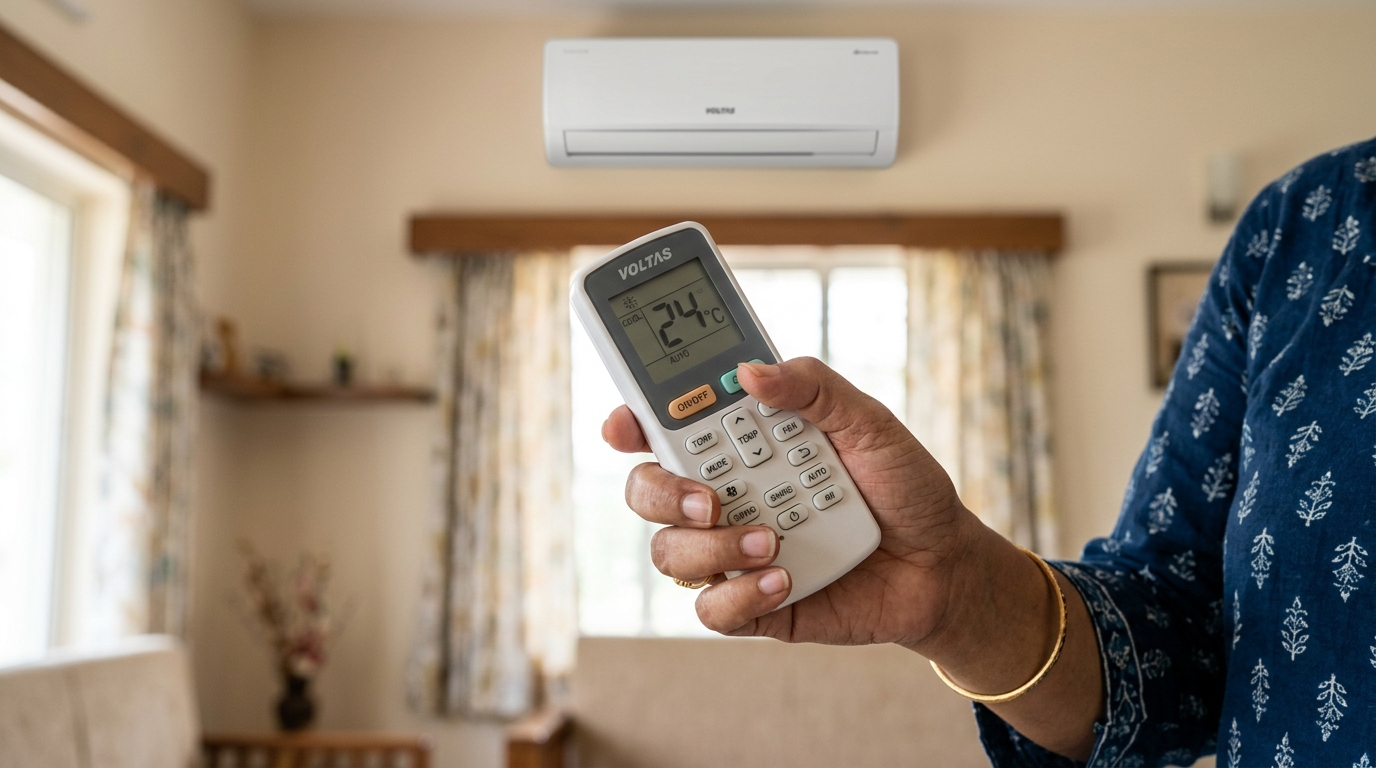 Person holding an air conditioner remote control set to 24 degrees Celsius in an Indian home living room with split AC in background
