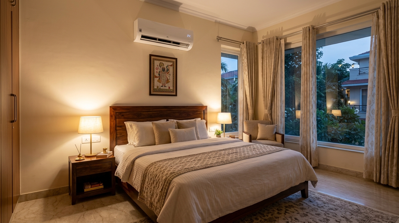Modern Indian master bedroom with wall-mounted 1.5 ton split inverter air conditioner providing quiet, energy-efficient cooling