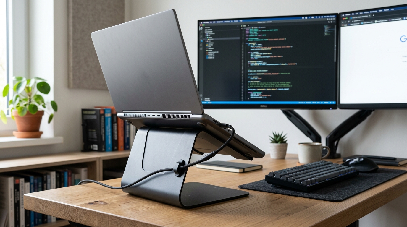 High-performance programming laptop elevated on an aluminum stand showing dual cooling exhaust vents and ports