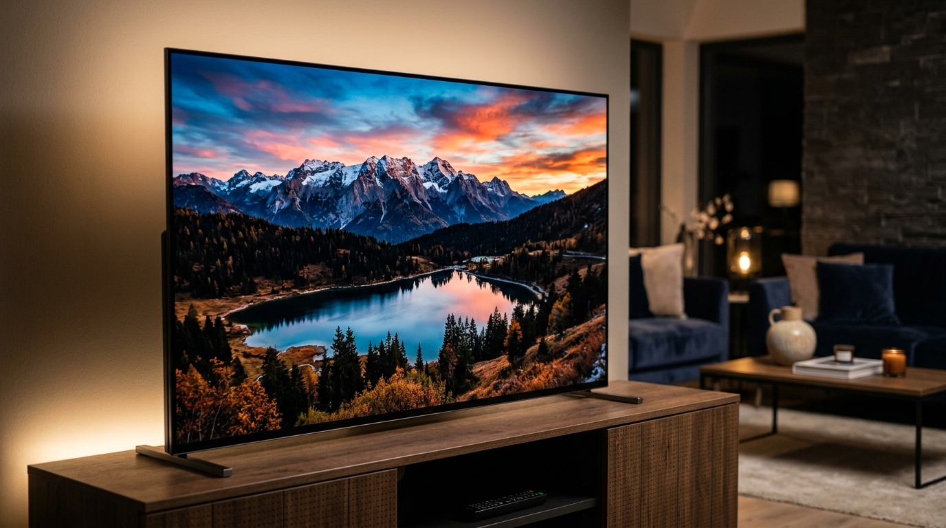 Cinematic 4K television screen showing deep contrast and rich colors in a home theater setting