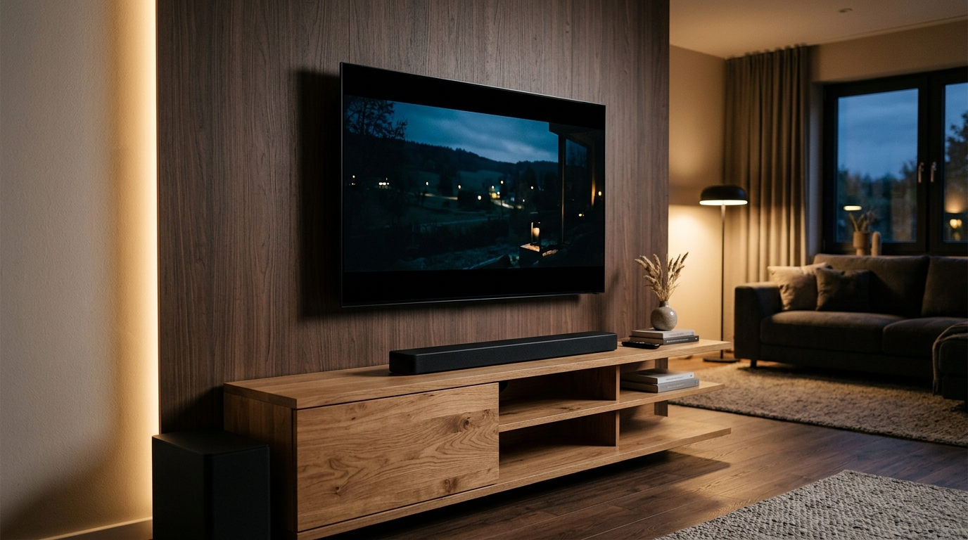 Sleek modern soundbar positioned directly beneath a wall-mounted ultra-thin 4K television on a wooden console