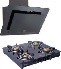 Glen Designer Kitchen Chimney 60 cm Baffle Filter Push Button Control Black Glass with 4 Brass Burner Cooktop Combo ( 6079 PB 1000+1043 GT BB ) Wall Mounted Chimney