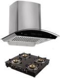 Hindware Oasis Inox 60 Cm Wall Mounted Chimney For Kitchen, Auto Clean With Motion Sensor Control Hood With Brio Plus Gas Stoves 4 Burners Glass Manually Ignition Start. Auto Clean Wall Mounted Chimney