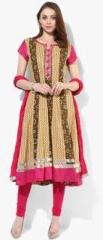 Sangria Beige Printed Anarkali Suit With Gotta And Embroidery Detailing Alonwith Fuscia Churidar And Fuscia Voile Crushed Dupatta women