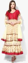 Sangria Beige And Red Color Block Printed Teared Elaborate Suit With Mirror Work On The Neck Alongwithred Churidar And Red Dupatta women