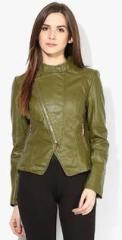 Alia Bhatt For Jabong Olive Green Faux Leather Quilted Jacket With Rose Gold Zipper Diwali Special women