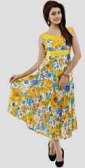 Shakumbhari Sleeve Less Printed Yellow Dress women