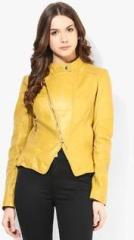 Alia Bhatt For Jabong Mustard Faux Leather Quilted Jacket With Rose Gold Zipper Diwali Special women