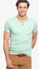 Basics Green Printed Henley T Shirts men