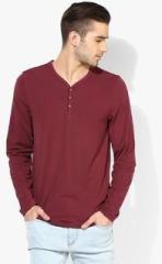 Jack & Jones Maroon Solid Slim Fit Henley T Shirt men