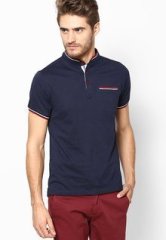 Andrew Hill Navy Blue Half Sleeve Henely T Shirt With Contrast Tipping At Pocket men