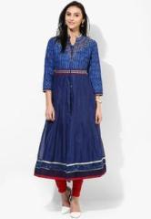 Biba Blue Printed Cotton Blend Kurti With Lining women