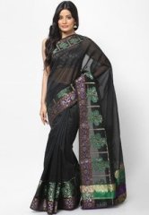 Bunkar Chanderi Cotton Fancy Multi Zari Banarasi Border Black Saree women