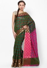 Bunkar Cotton Chanderi Banarasi Zari Border Mehandi Green Saree women