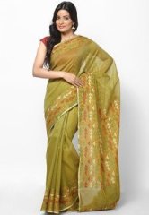 Bunkar I Green Sareemoonga Cotton Check Banarasi Aanchal Border Mehand women