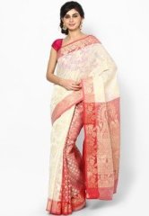 Bunkar Supernet Cotton Contrast Banarasi White Saree women