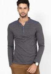 Celio Striped Grey Melange Henley T Shirt men