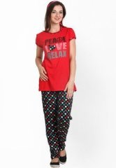 Dreamberry Red Half Sleeve Top With Pyjama women