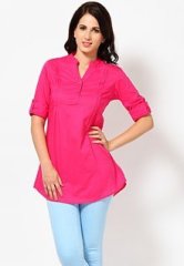 Entropy 3/4Th Roll Up Sleeve Mandarin Collar Solid Pink Cotton Tunic women