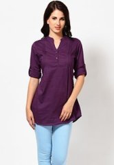 Entropy Roll Up Sleeve Mandarin Collar Solid Purple Cotton Tunic women