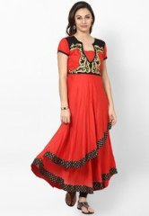 G Cotton Blend Red Embroidered Anarkali women