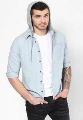 Incult Chambray Shirt In Light Blue With Grey Jersey Hood men