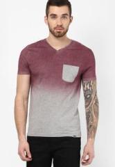 Incult Light Grey Marl V Neck T Shirt With Burgundy Sprayed Yoke men