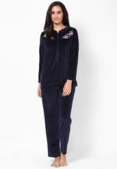 Kanvin Navy Velour Yoke Nightwear Set women