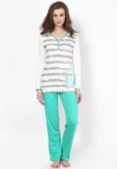 Kanvin V Neck Off White/Green Cotton Modal Nightwear Set women