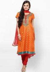 Melange Cotton Blend Orange Jacquard Suit Set women