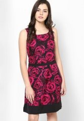 Miaminx Fuschia With Fuschia Bold Floral Crepe Dress With Black Solid Hem And Sash women