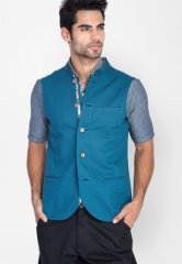 Mr Button Teal Blue Cotton Nehru Jacket With Paisley Deta men