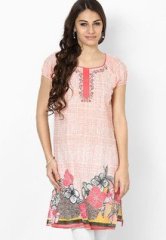 People Cotton Blend Pink Printed Kurta women