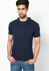 Phosphorus Navy Blue Solid Half Sleeve Hooded T Shirt men