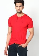 Phosphorus Red Solid Half Sleeve Hooded T Shirt men