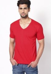 Phosphorus Red Solid Half Sleeve V Neck T Shirt men