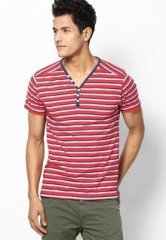 Phosphorus Red Striper Half Sleeve Henley T Shirt men