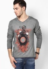 Phosphorus Trendy Cold Pigment Dyed Dark Grey Printed V Neck T Shirt men