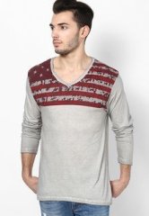 Phosphorus Trendy Cold Pigment Dyed Grey Printed V Neck T Shirt men